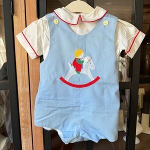 Vintage 80s rocking horse jon jon romper baby boy appliqué smock collar shirt